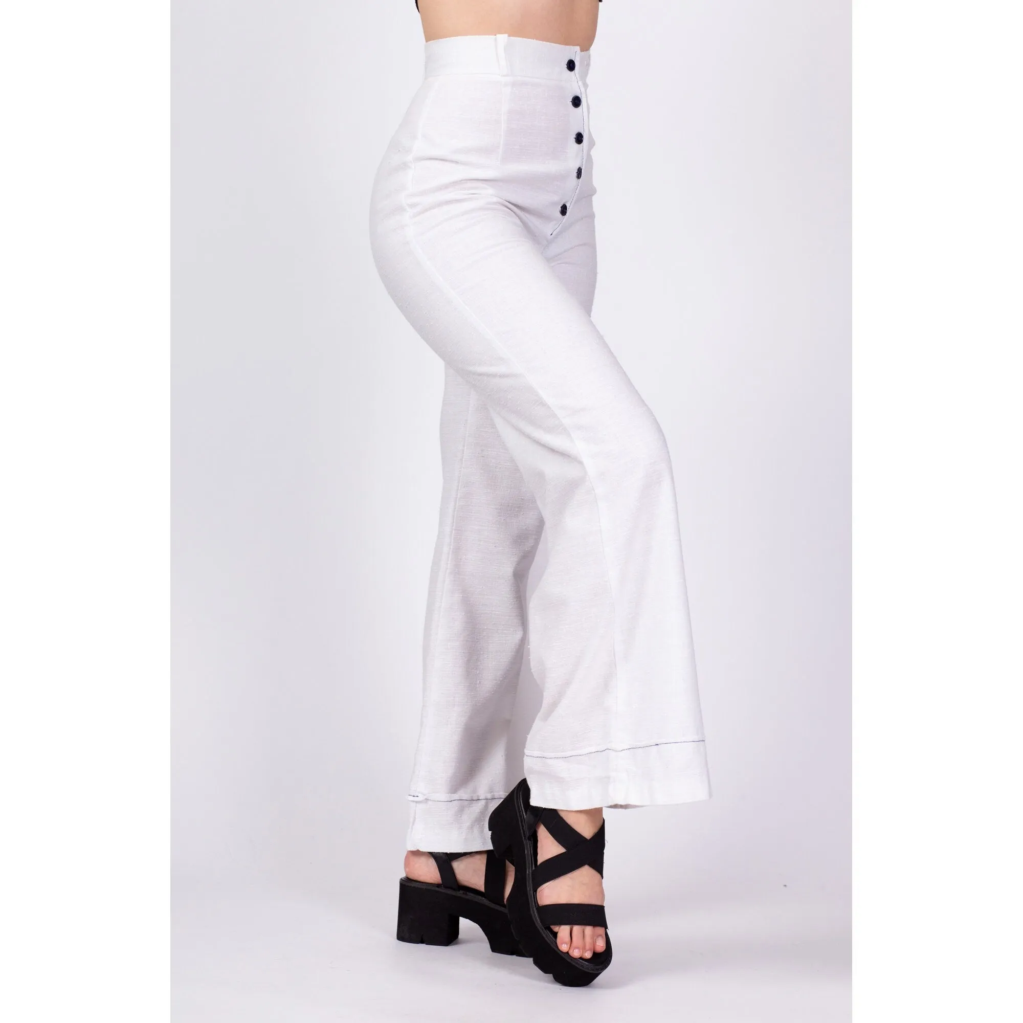 70s White Button Fly High Waisted Pants - Small, 25.5"