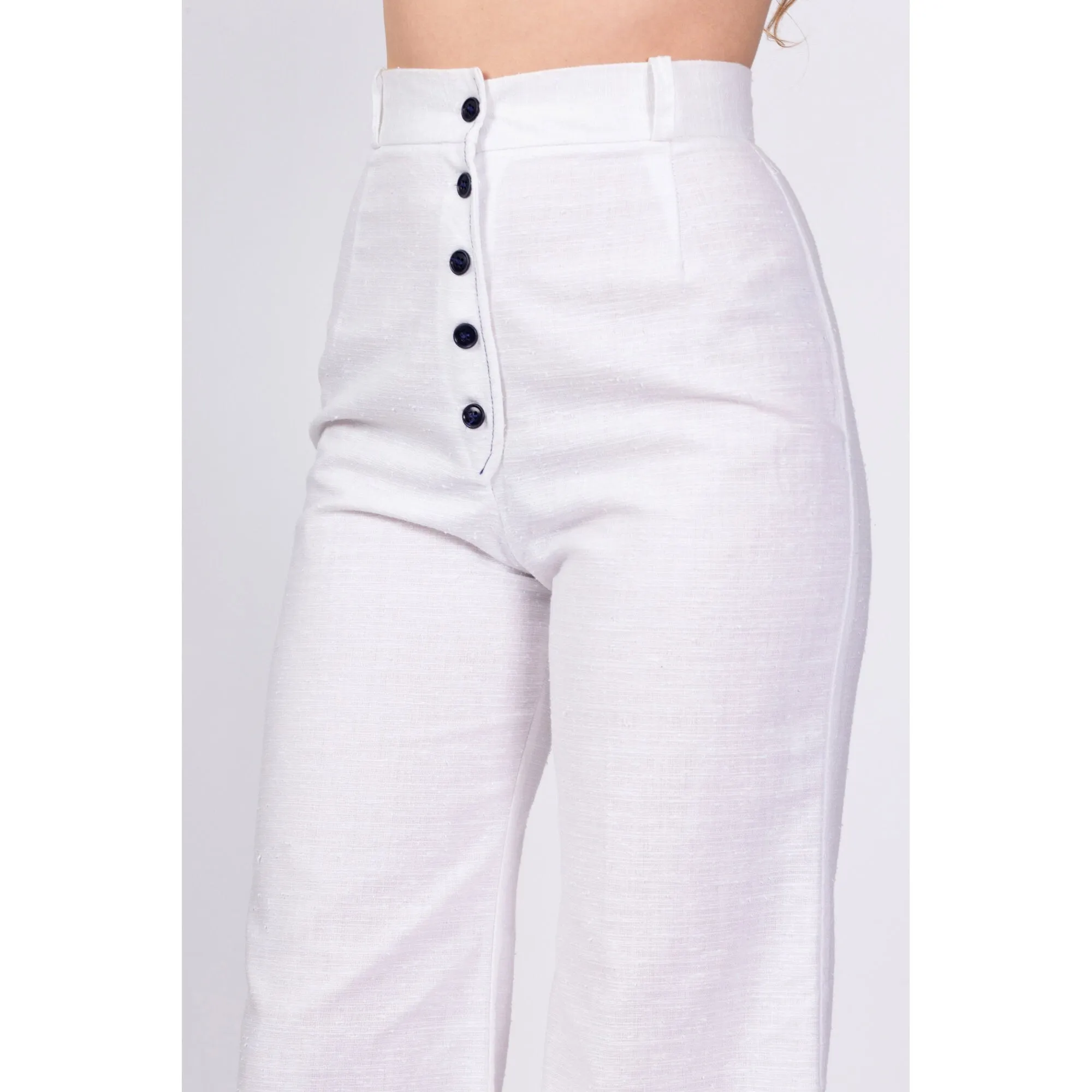 70s White Button Fly High Waisted Pants - Small, 25.5"