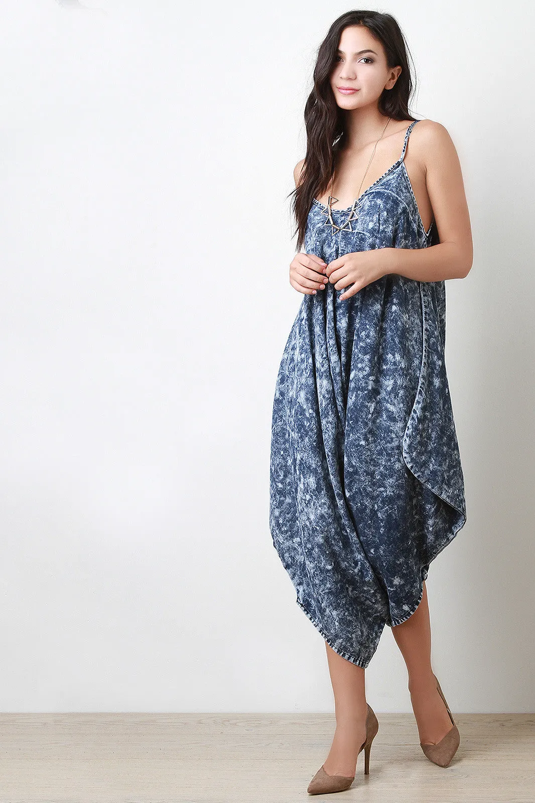 Acid Wash Draping Denim Harem Jumpsuit