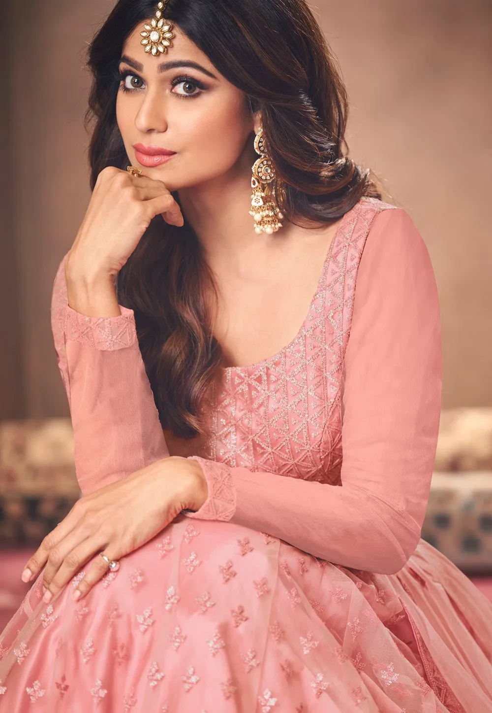 Alluring Pink Shamita Shetty Net Floor Length Anarkali Suit