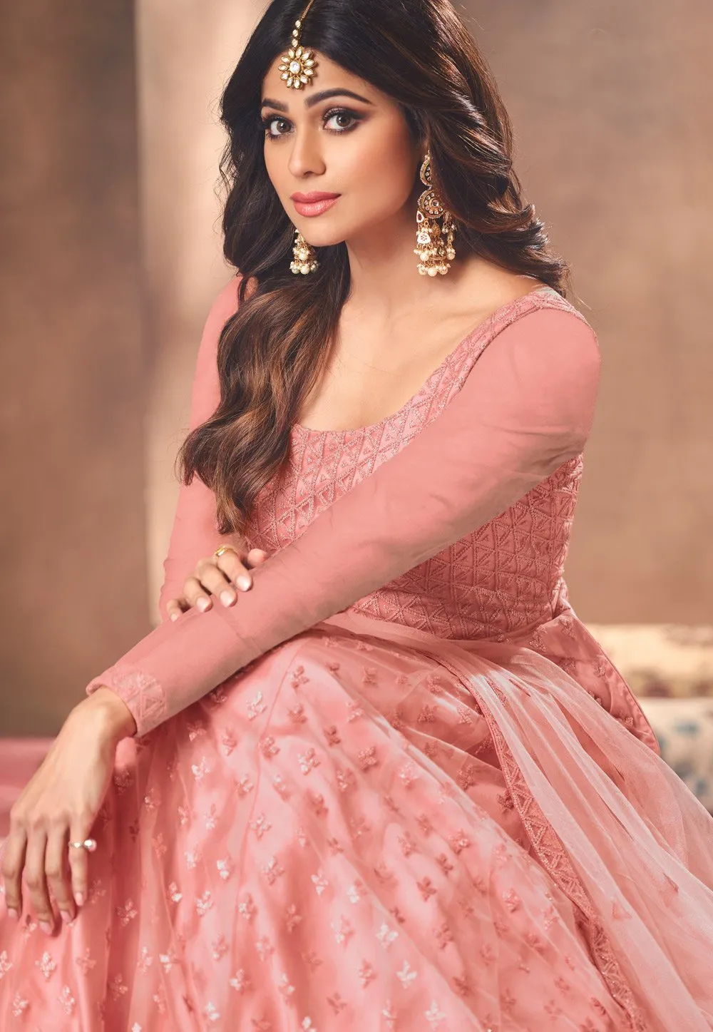 Alluring Pink Shamita Shetty Net Floor Length Anarkali Suit