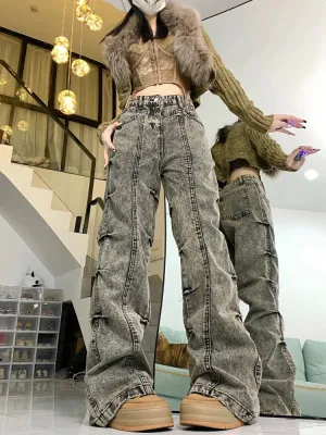 Black Flared Jeans Women Fashion Baggy Pleated Wide Leg Denim Pants Y2k High Waist Pants