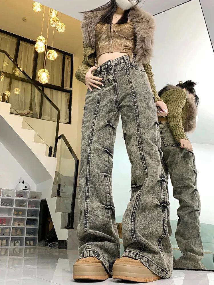 Black Flared Jeans Women Fashion Baggy Pleated Wide Leg Denim Pants Y2k High Waist Pants