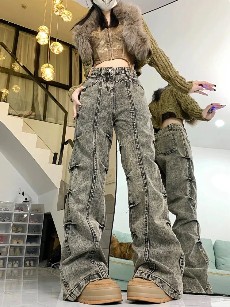 Black Flared Jeans Women Fashion Baggy Pleated Wide Leg Denim Pants Y2k High Waist Pants