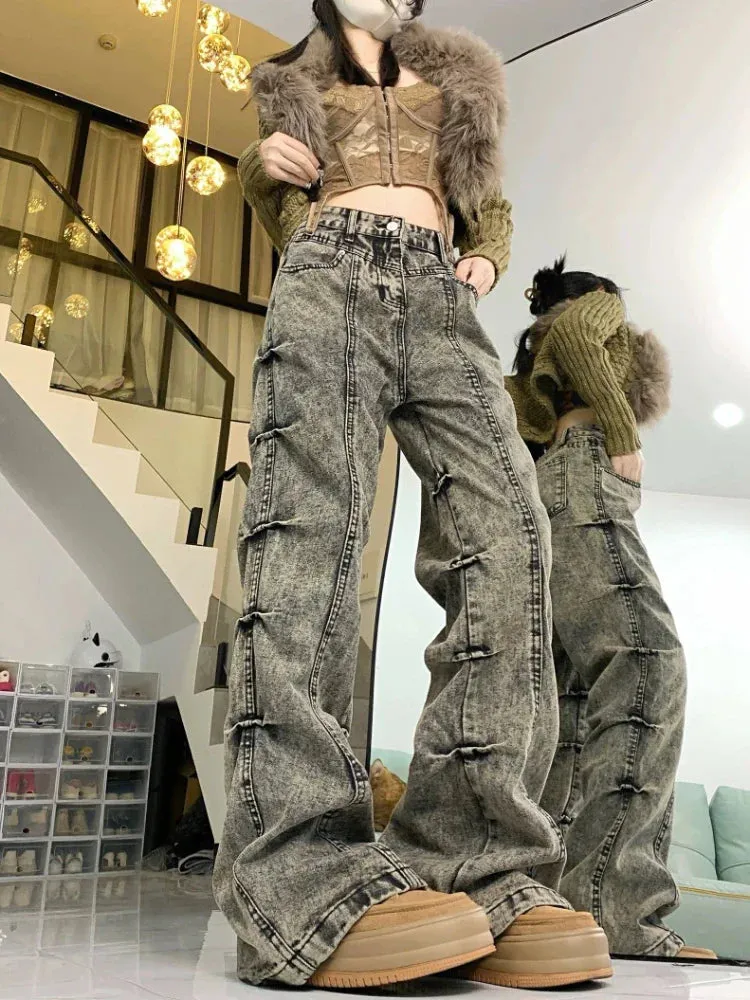 Black Flared Jeans Women Fashion Baggy Pleated Wide Leg Denim Pants Y2k High Waist Pants