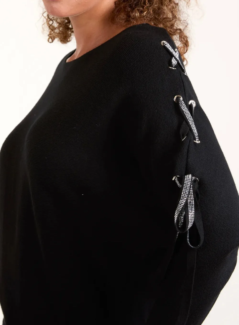 Black Jumper With Criss Cross Diamante Tie Sleeves