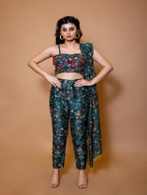 Blue Floral Printed Bralette with Cigarette Pants and Dupatta (Set of 3)