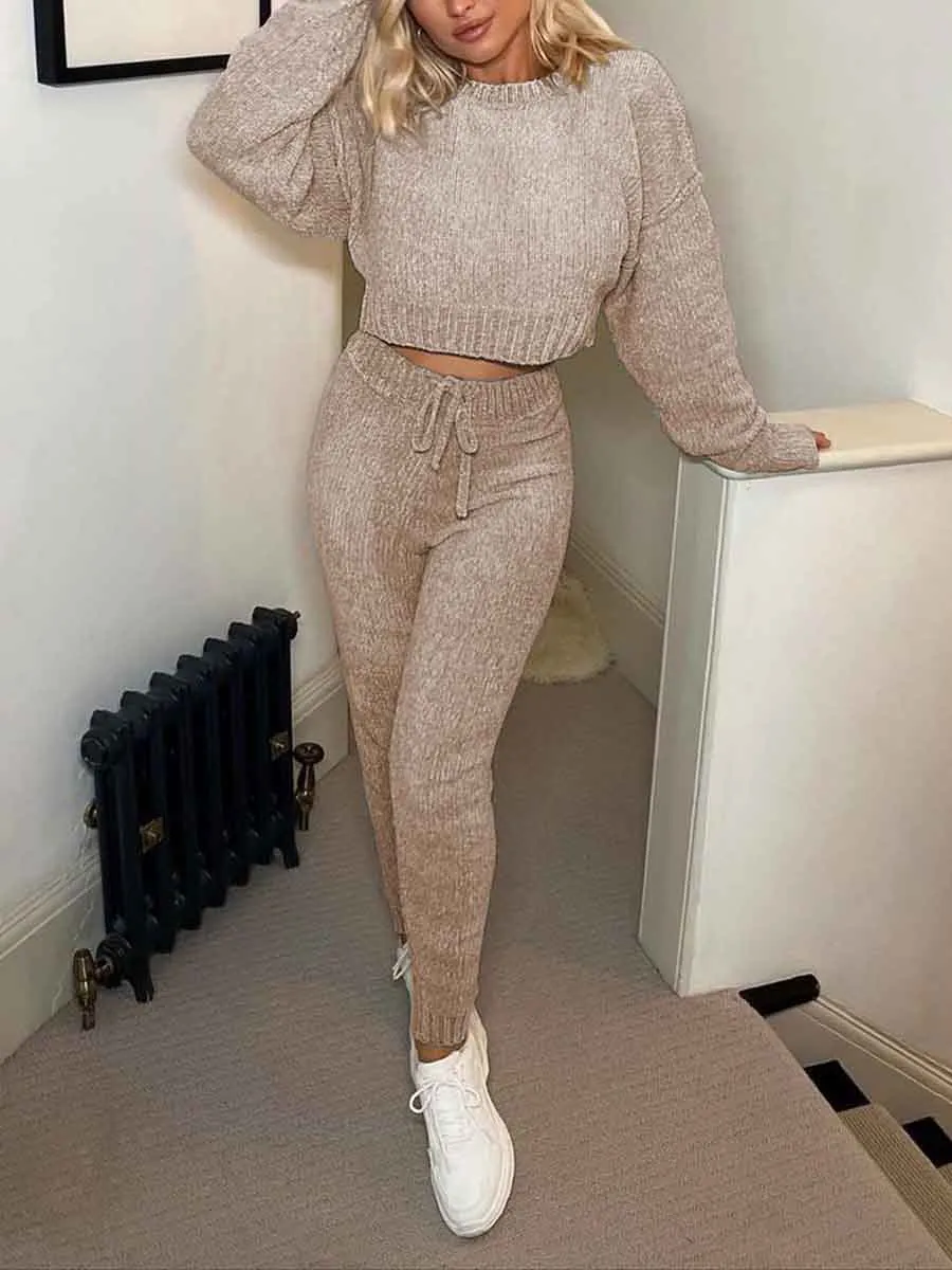 Casual Loose Top High Waist Drawstring Trousers Knitted Suit