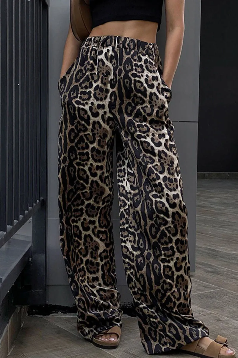 Casual Print Leopard Pocket Loose High Waist Wide Leg Full Print Bottoms