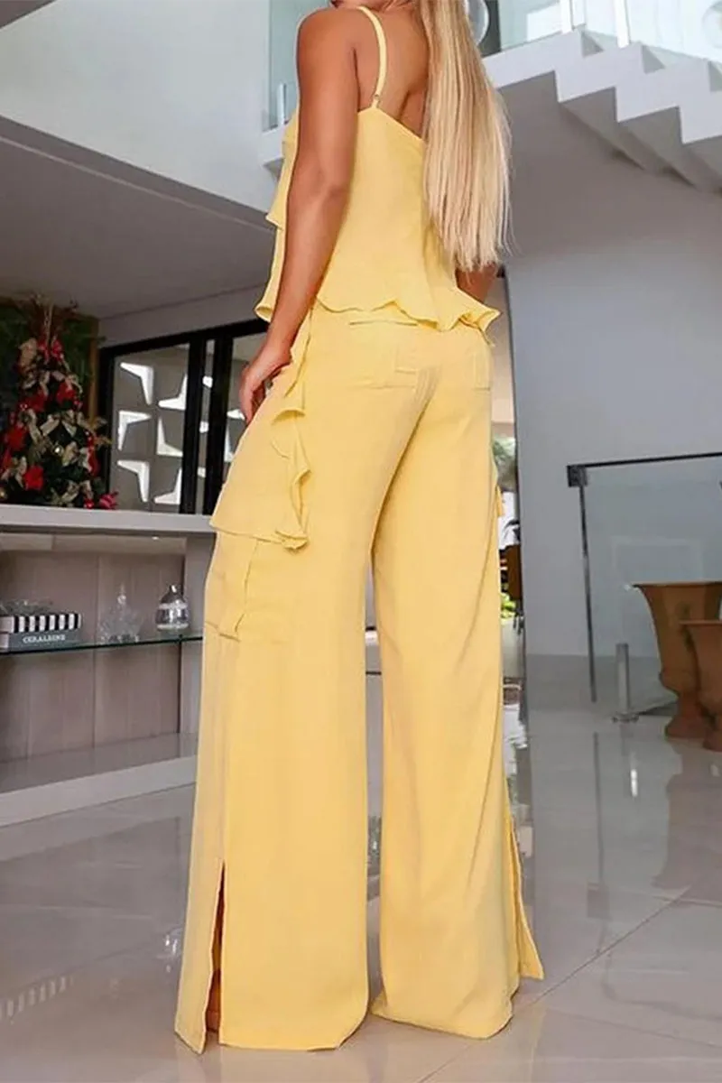 Casual Sweet Solid Flounce Slit V Neck Sleeveless Two Pieces