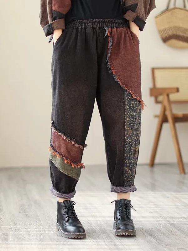 Contrast Color Fringed Split-Joint Long Sleeves Printed Outwear   Harem Pants  Two Pieces Set