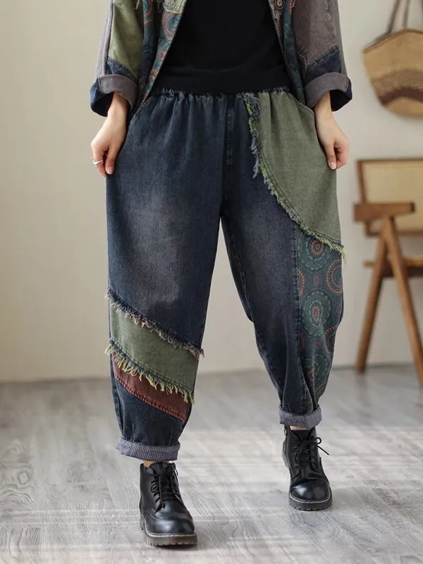 Contrast Color Fringed Split-Joint Long Sleeves Printed Outwear   Harem Pants  Two Pieces Set