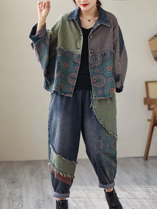 Contrast Color Fringed Split-Joint Long Sleeves Printed Outwear   Harem Pants  Two Pieces Set