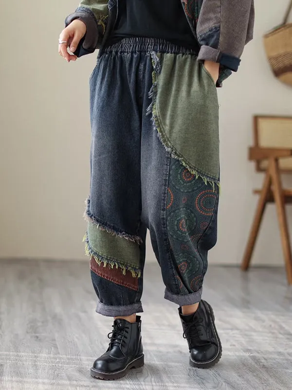 Contrast Color Fringed Split-Joint Long Sleeves Printed Outwear   Harem Pants  Two Pieces Set