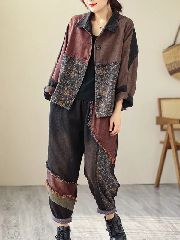 Contrast Color Fringed Split-Joint Long Sleeves Printed Outwear   Harem Pants  Two Pieces Set