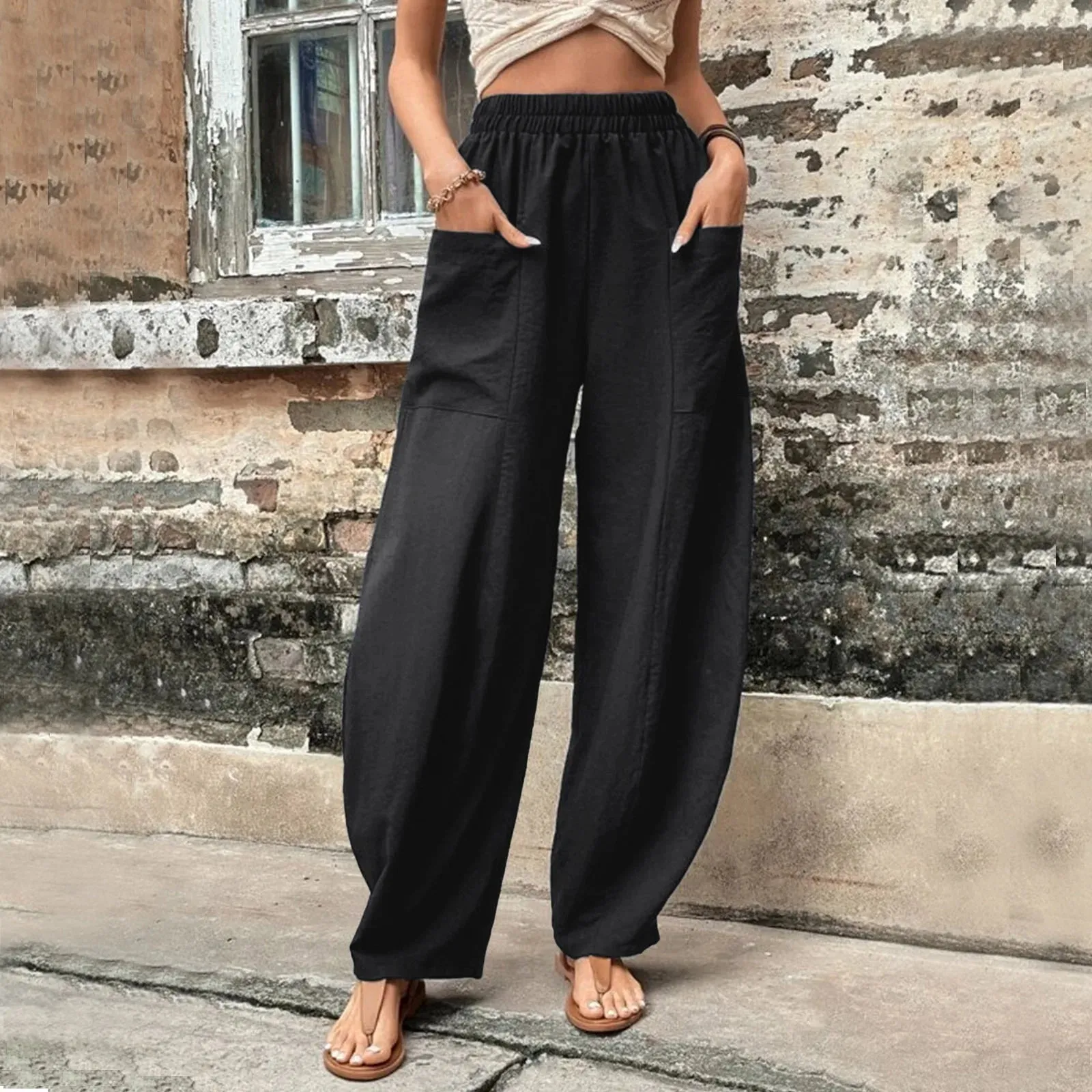 Cotton Hemp Wide-leg Pants with Elastic Waist