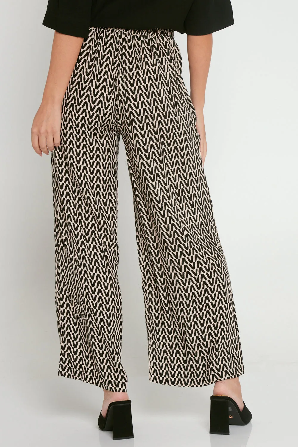 Daria Wide Leg Pants - Black/Beige Chevron