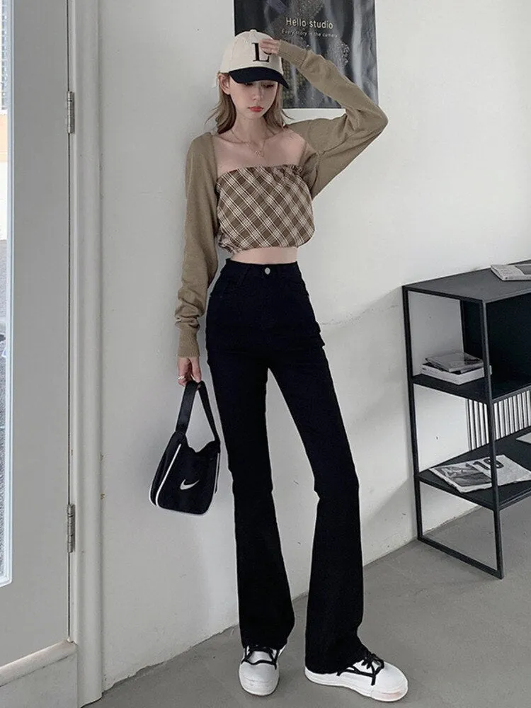 deanwangkt High-waisted Stretch Tail Flared Jeans Women's Autumn And Winter Slim Straight Tube Lengthened Drape Floor Mopping Pants