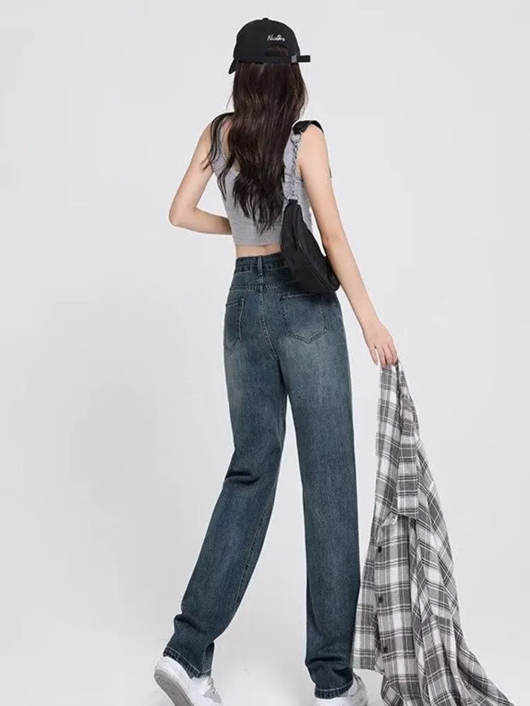 deanwangkt Women's Spring And Autumn New Korean Version High Waist Slimming All-match Design Niche Retro Mopping Straight Pants