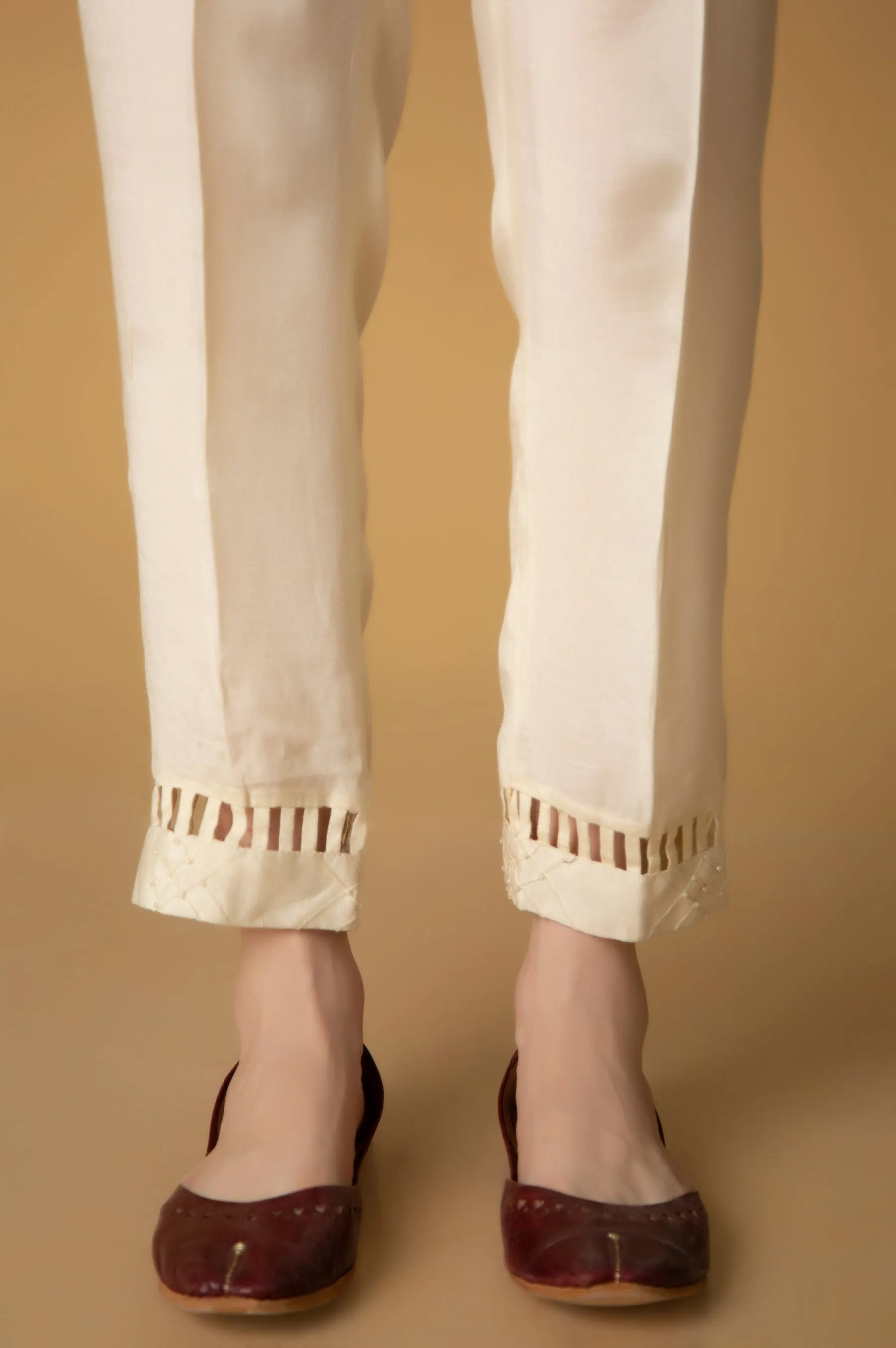 Embellished Rawsilk Cigarette Pants- Off White