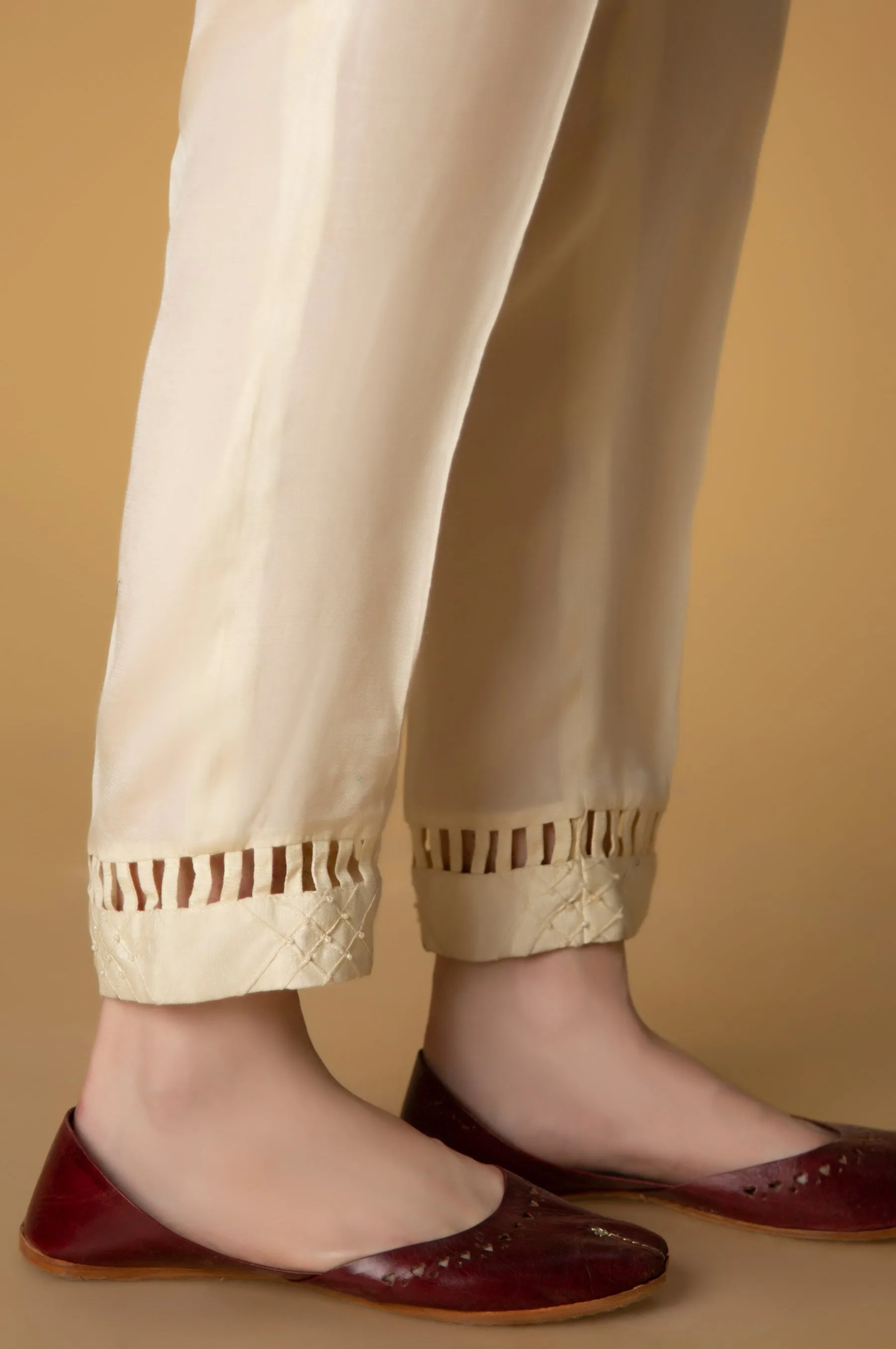 Embellished Rawsilk Cigarette Pants- Off White