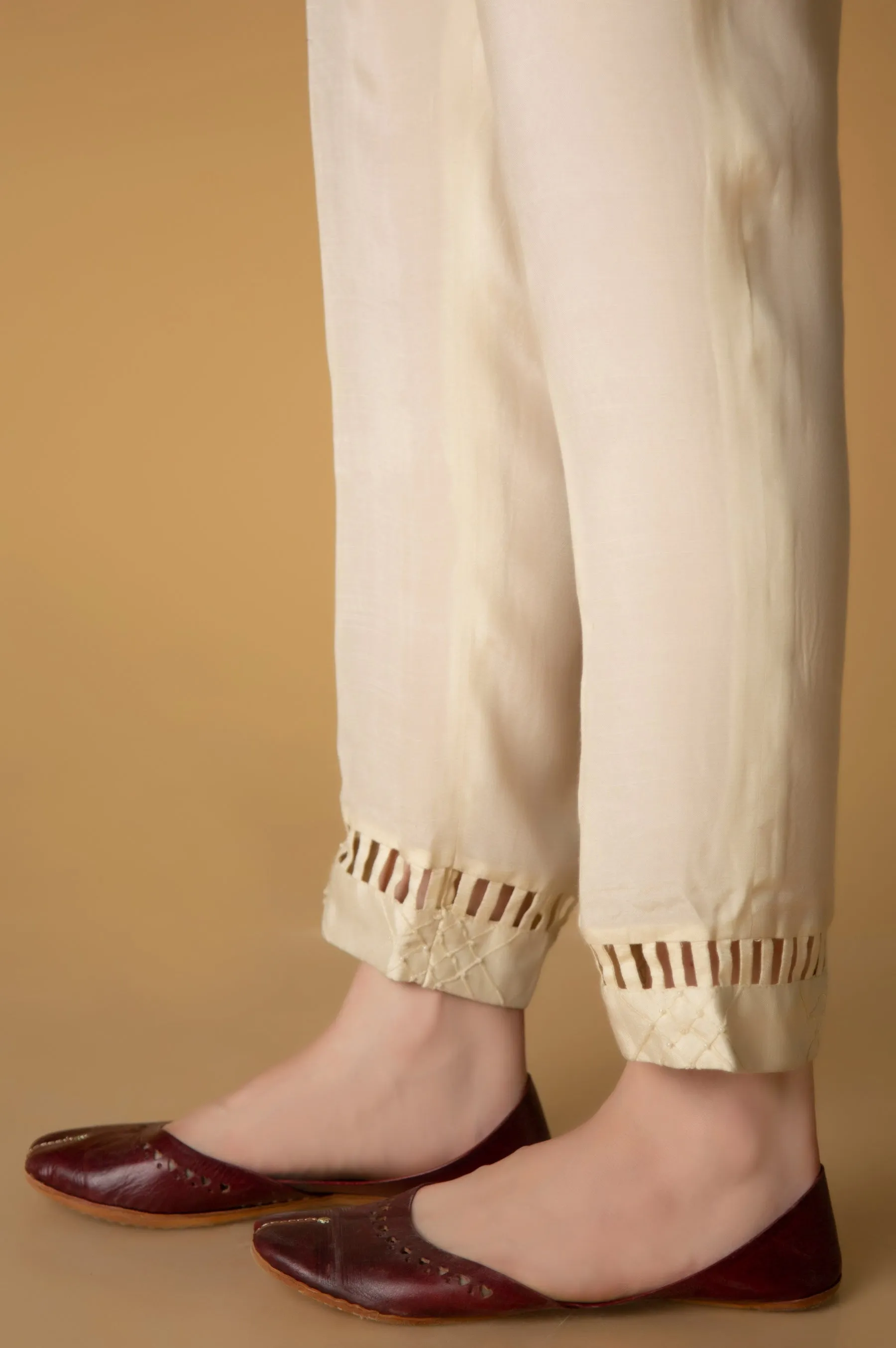 Embellished Rawsilk Cigarette Pants- Off White