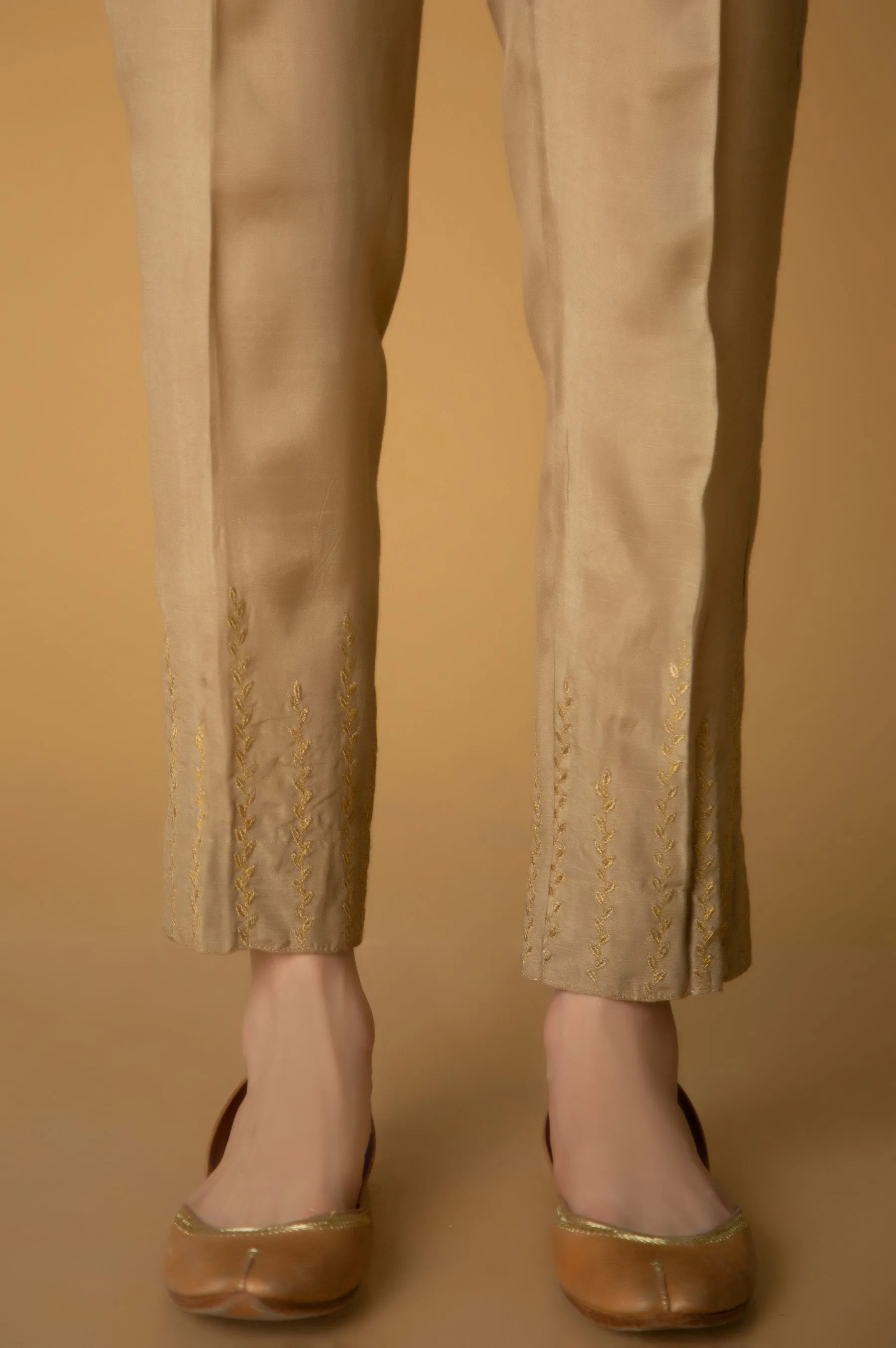 Emberoidered Rawsilk Cigarette Pants - Golden