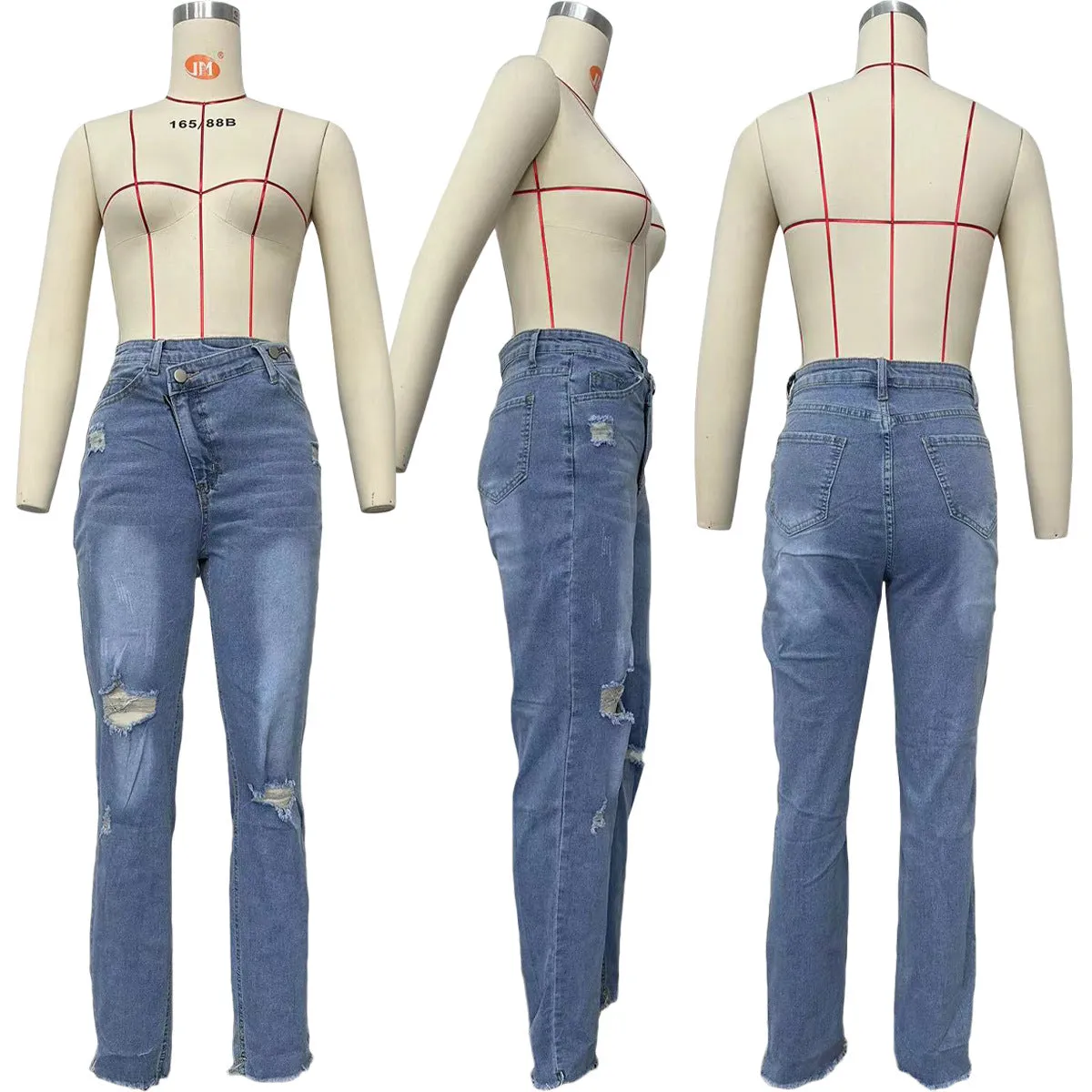 Fashion personalized ripped diagonal zipper jeans AY3598