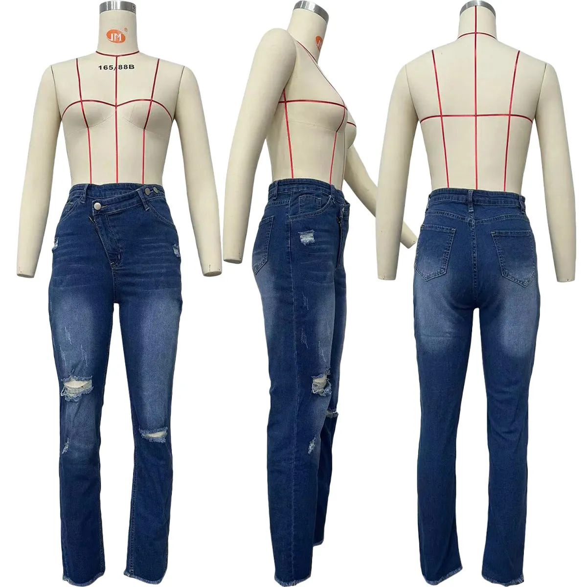 Fashion personalized ripped diagonal zipper jeans AY3598