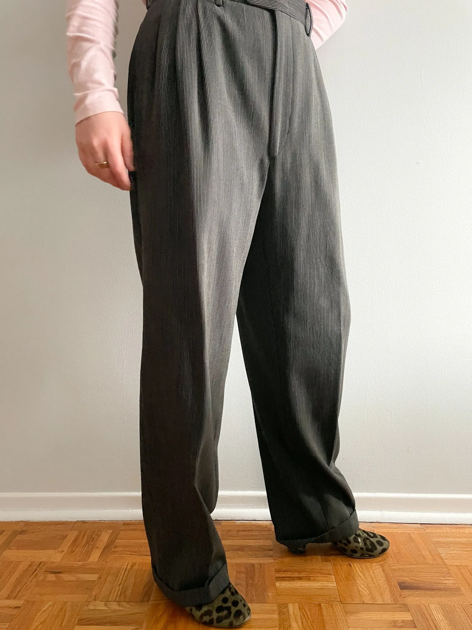 Gian Marco Venturi Grey Pinstripe High Rise Wool Wide Leg Trouser Pants - Large