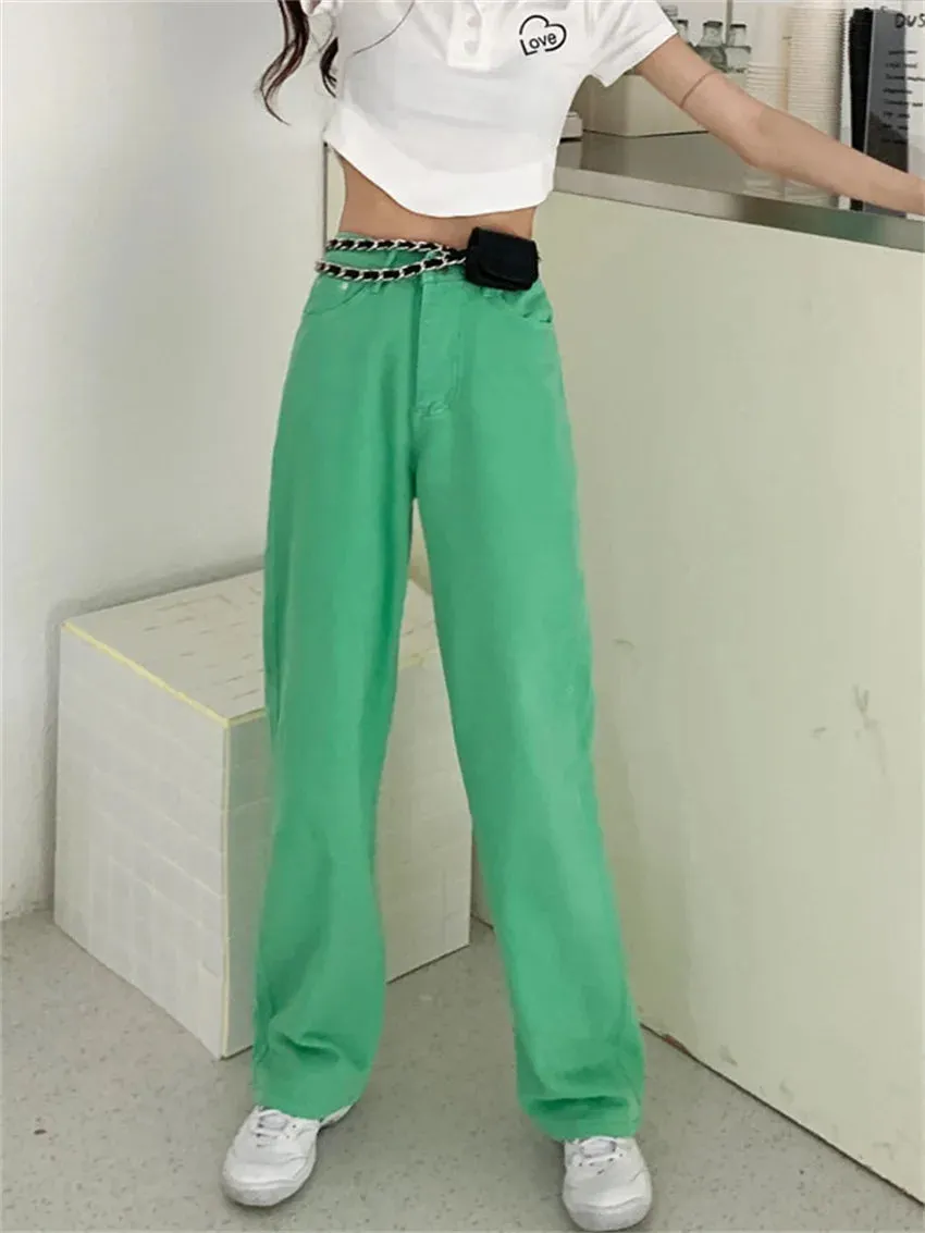 Girlary 2024 Candy Color Pants Loose Summer New Women Casual Mopping Straight High Waist Slim New Solid Chic Office Lady