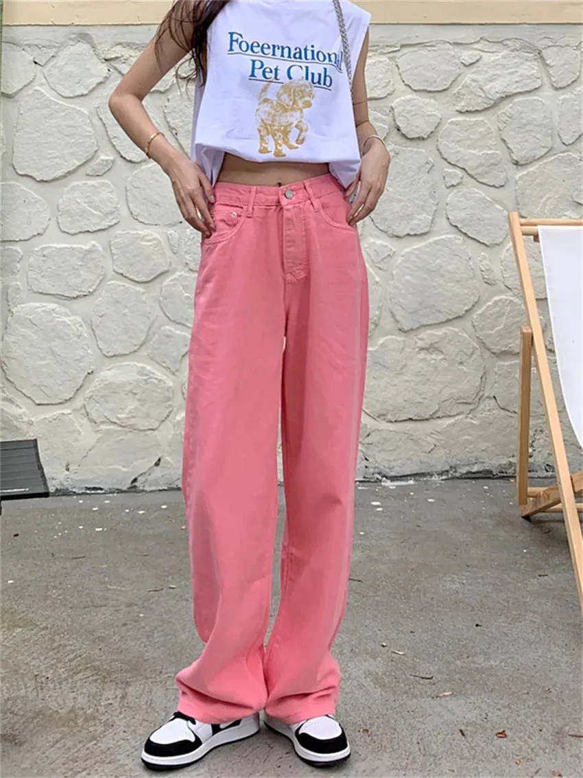 Girlary 2024 Candy Color Pants Loose Summer New Women Casual Mopping Straight High Waist Slim New Solid Chic Office Lady