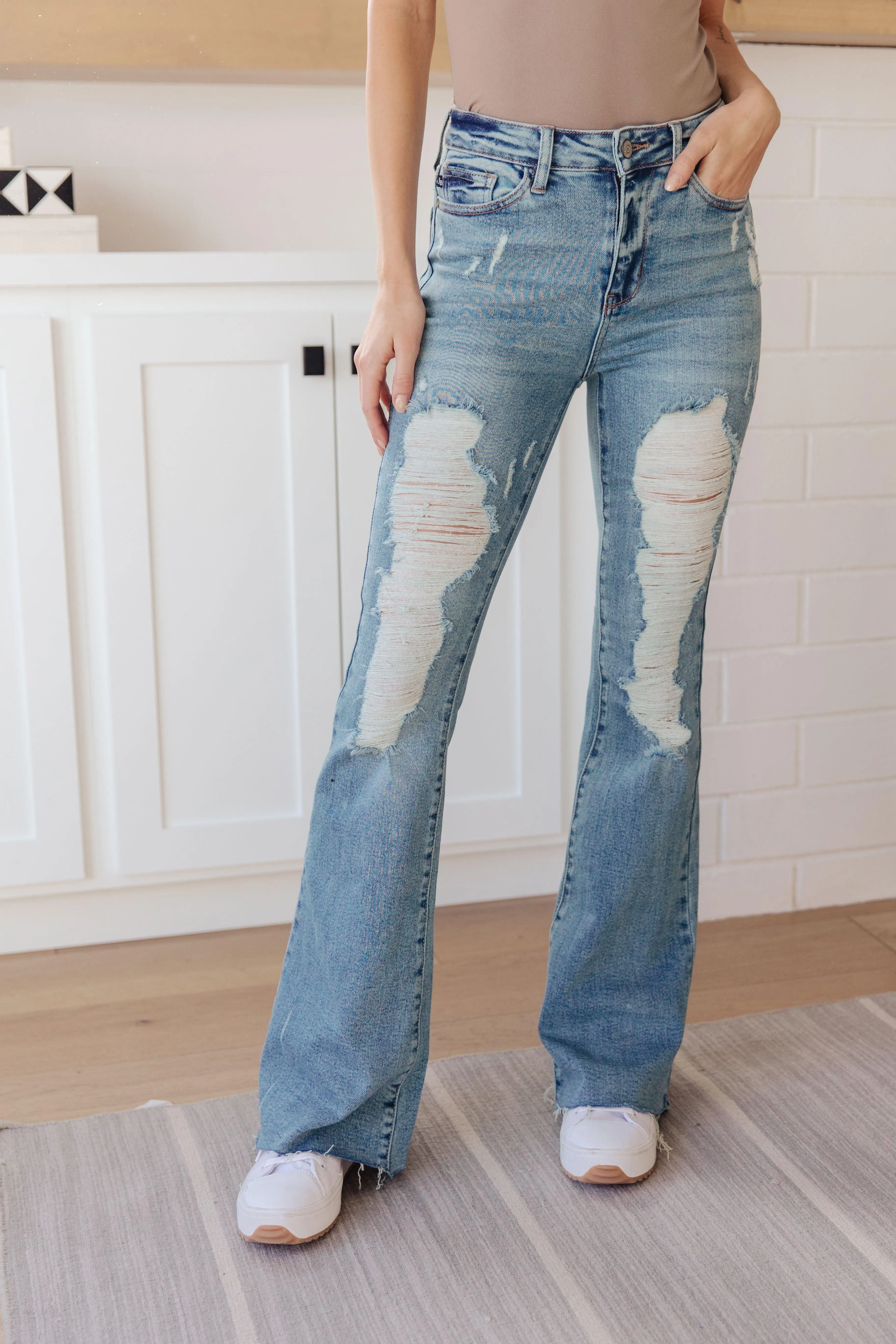 High Rise Heavy Destroyed Flare Jeans