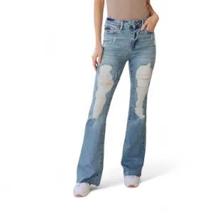 High Rise Heavy Destroyed Flare Jeans