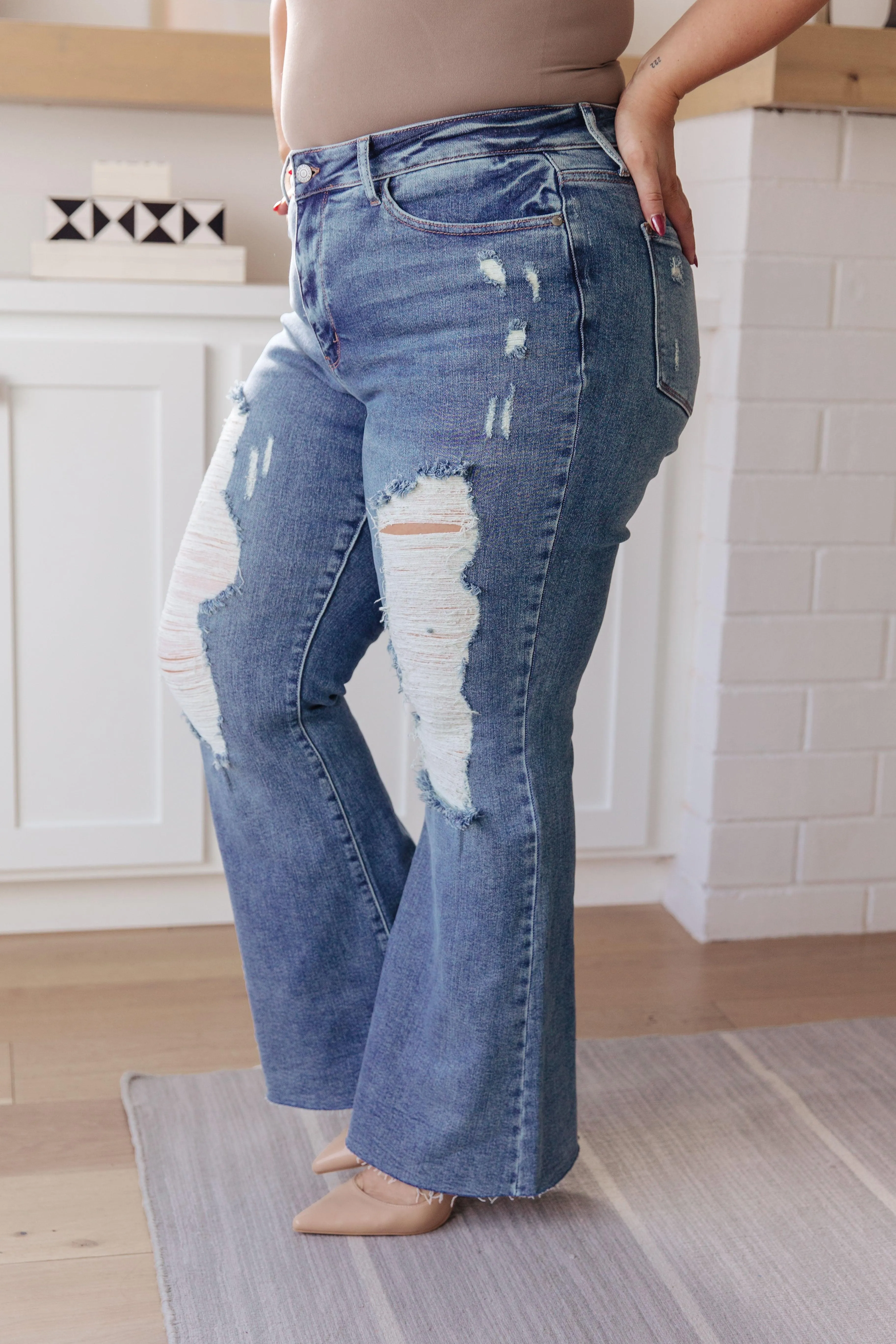 High Rise Heavy Destroyed Flare Jeans