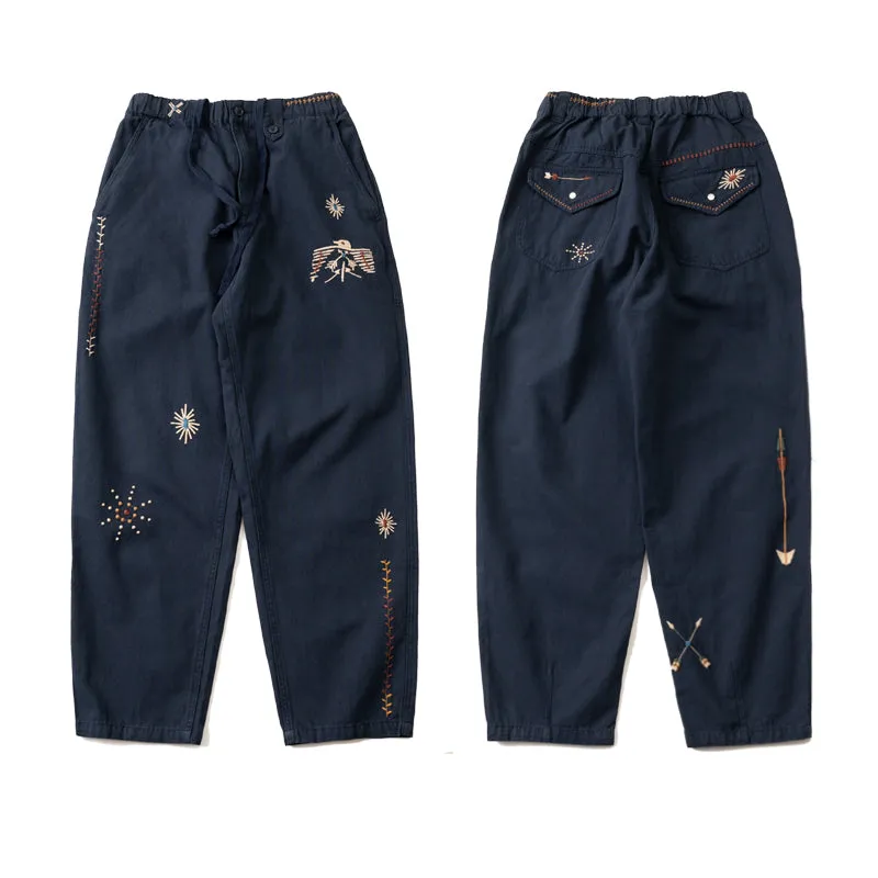 Japanese Khaki personality retro elements Thunderbird embroidery navy blue elastic waist loose casual pants straight pants men's pants