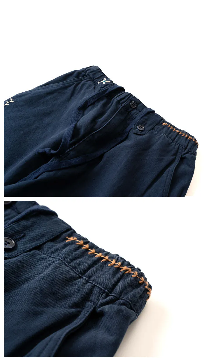 Japanese Khaki personality retro elements Thunderbird embroidery navy blue elastic waist loose casual pants straight pants men's pants