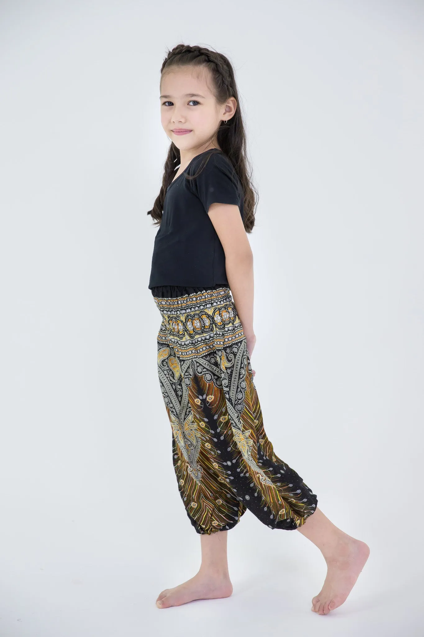 Kids Peacock Feathers Harem Pants in Black