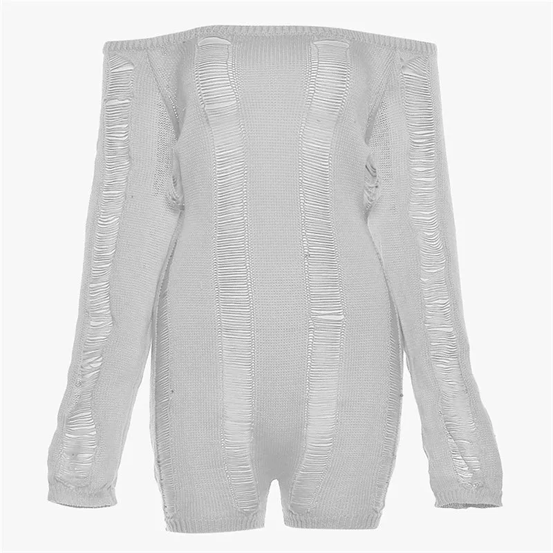 Knitted Slim Fitting Jumpsuit off-Shoulder Hollow-out Ripped Open Back Knitting Jumpsuit Women