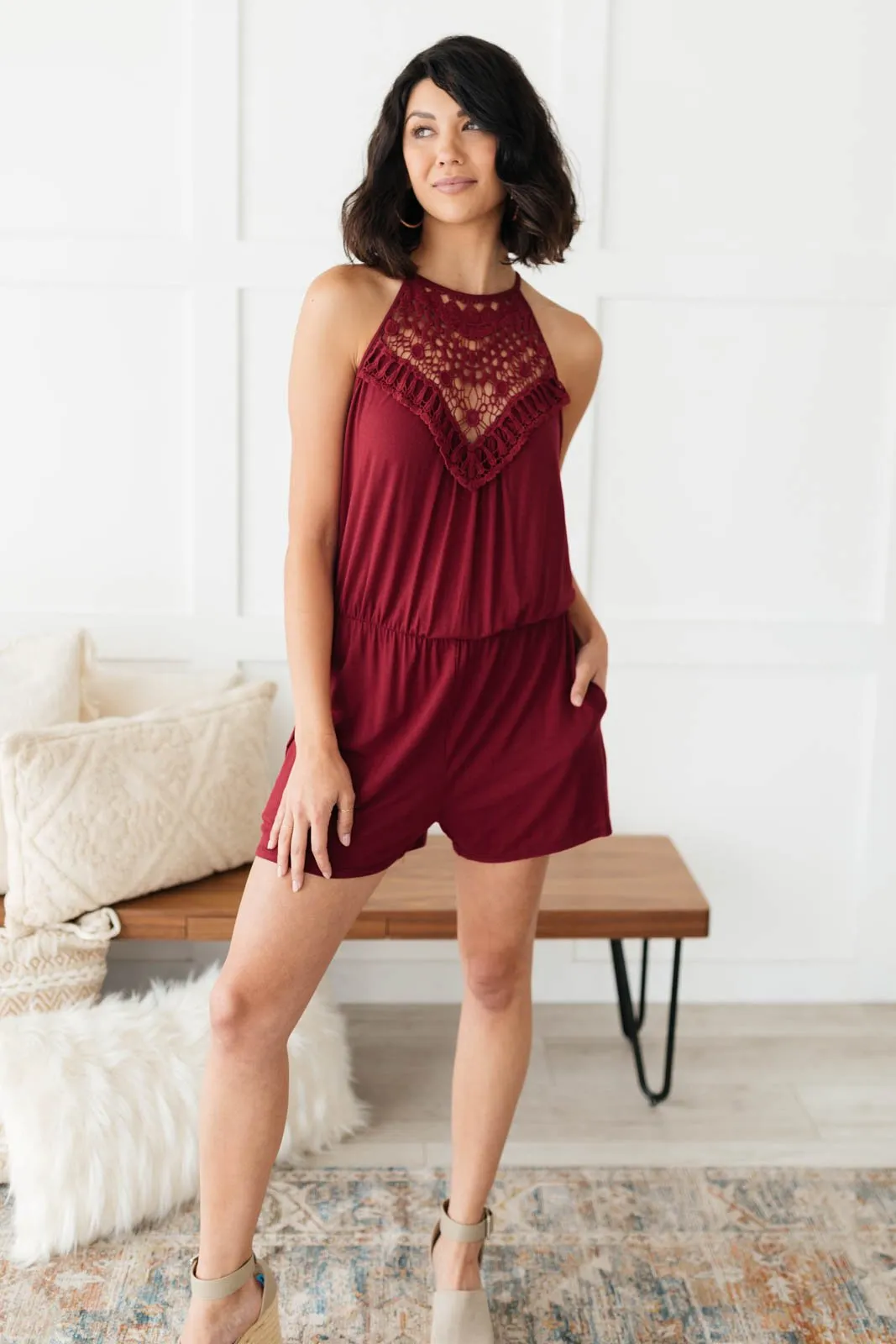 Lace Topped Romper In Wine