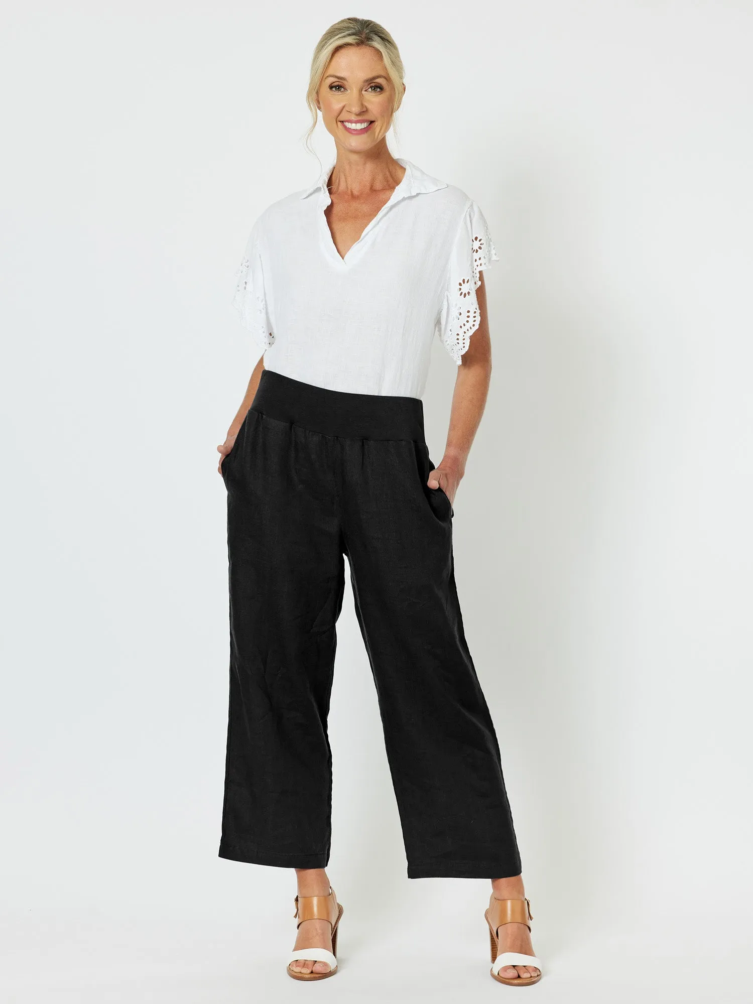 Lara Linen Wide Leg Pant - Black