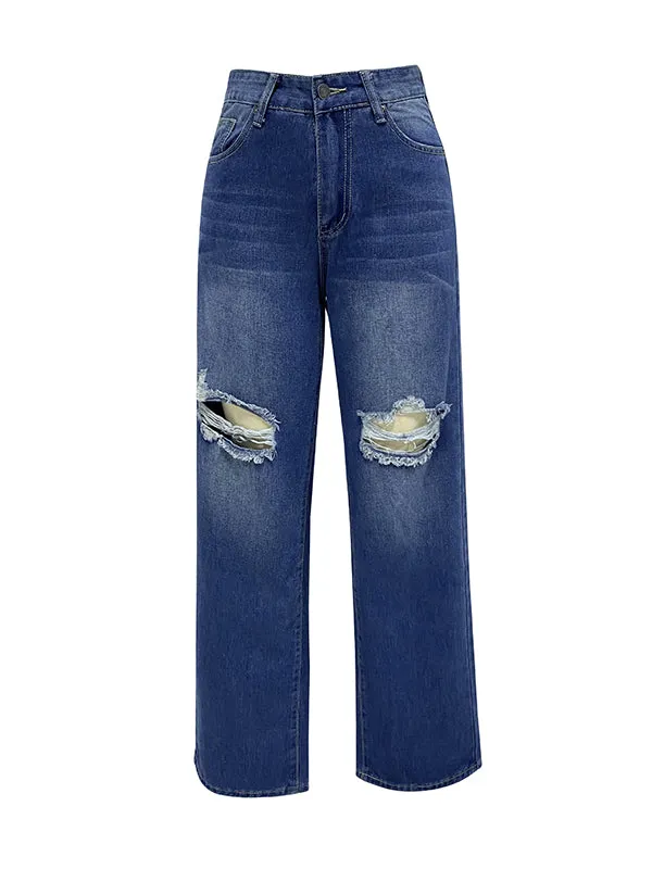 Loose Straight Leg Ripped Jean Pants Bottoms