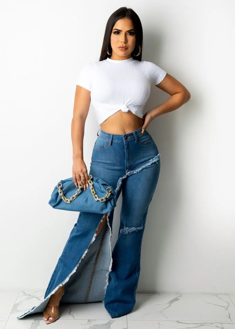 Mid Waist Ladies Ripped Flare Pants