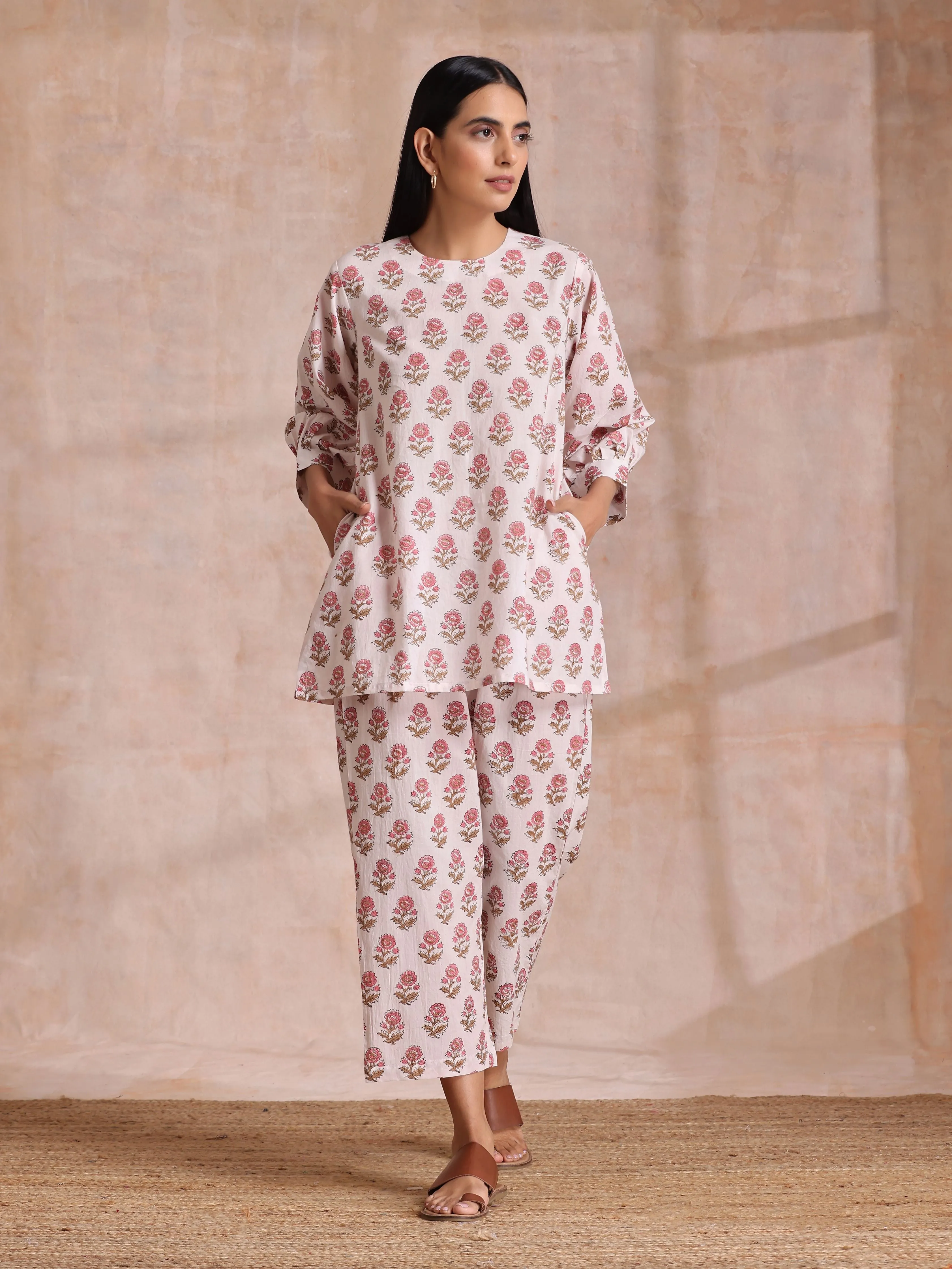 Pink Brown Buta On White Block Print Cotton Baggy Sleeve Co-Ord Set