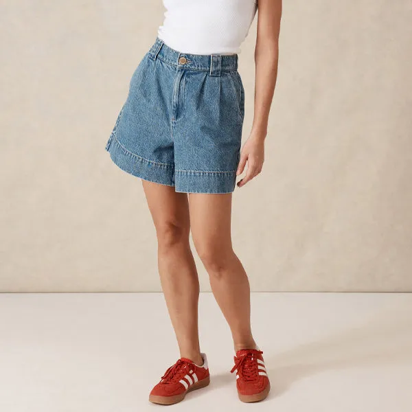 Pleat Front Short - Fresh Indigo Denim