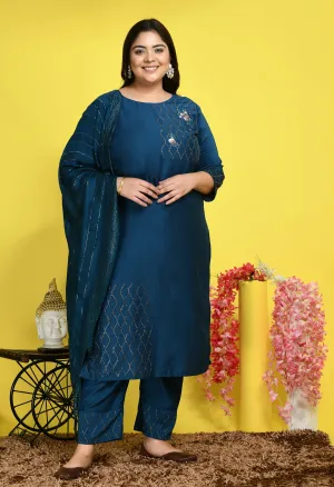 Plus Size Cross Sequin Teal Blue Kurta Set with Dupatta