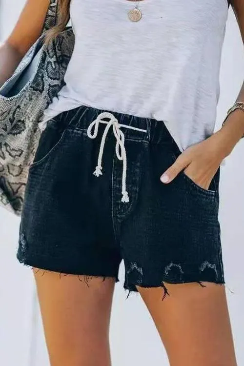 Raw Edge Drawstring Denim Shorts