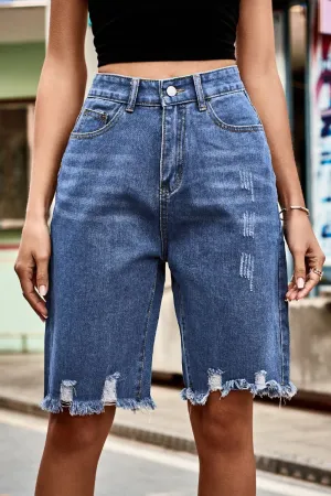 Raw Hem High Waist Denim Shorts with Pockets