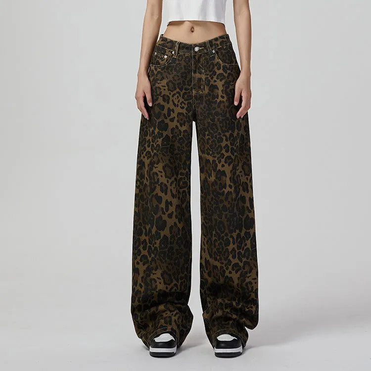 Retro Wide Leg Jeans Women High Street Leopard Print Loose Slimming Wide Leg Pants Jeans