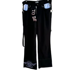 Riley Black Goth Punk Pants With Strap & D-Rings "To Be" Print Lion Wings Patch